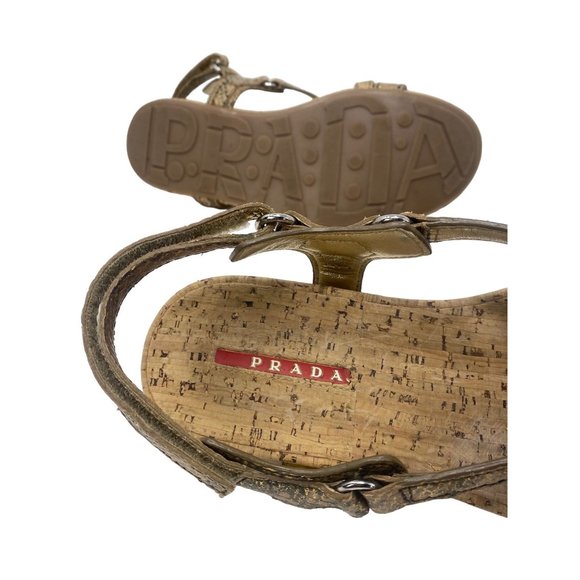 Prada Gold & Tan Reptile Leather Cork Sandals - Picture 8 of 9